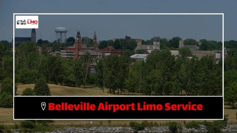 Belleville city skyline with trees and water in the foreground, featuring a logo for Belleville Airport Limo Service at the top