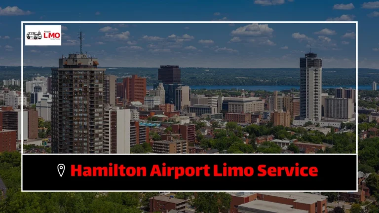 Hamilton city skyline with a view of the waterfront, promoting Hamilton Airport Limo Service for convenient airport transportation.