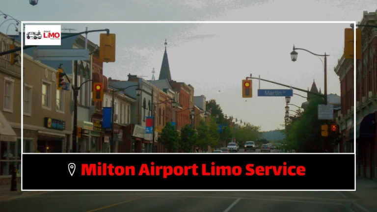 Milton Airport Limo Service banner featuring a downtown Milton street view with traffic lights, historic buildings, and a professional airport limo service graphic.