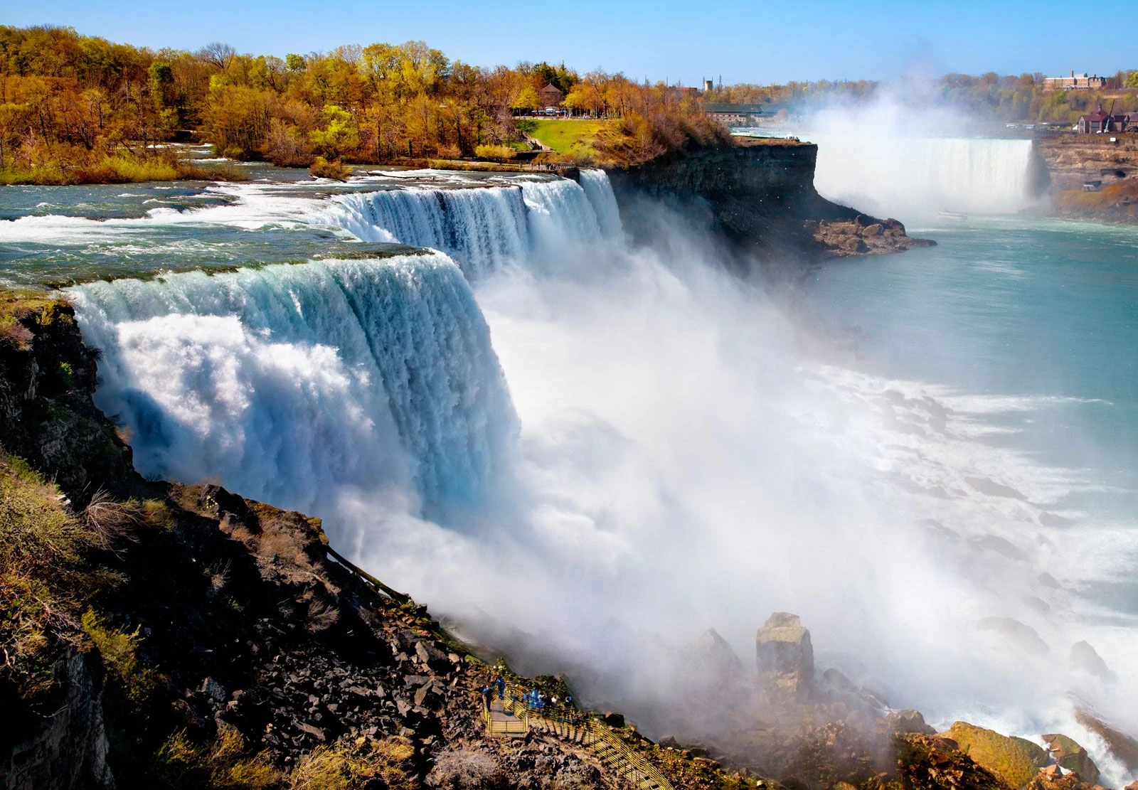 View of Niagara Falls from the Whirlpool Bridge, showcasing the natural beauty of the falls and surrounding landscape in Ontario, Canada.