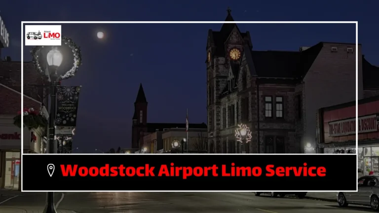 Woodstock Airport Limo Service banner showing downtown Woodstock, Ontario at night with Airport Limo Service Toronto logo and location pin.