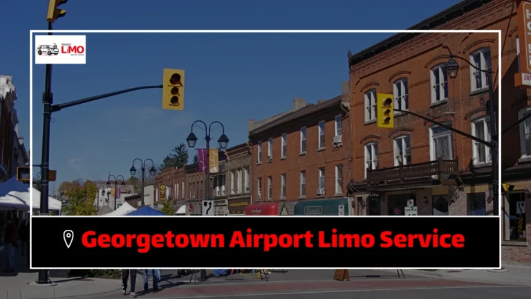 Downtown Georgetown street with brick buildings and traffic lights, banner promoting georgetown limo service for airport rides