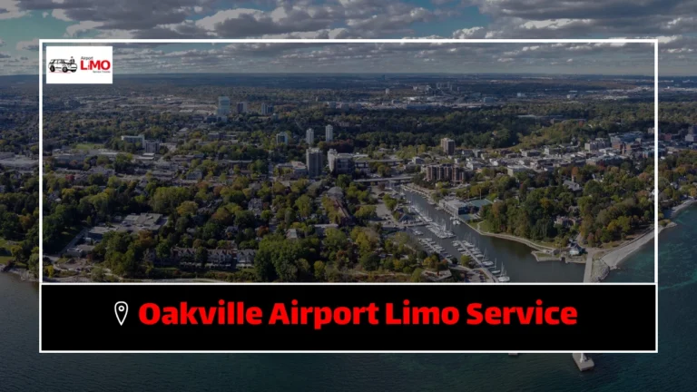 Image showcasing the text 'Oakville Airport Limo Service' over an aerial view of Oakville, with a marina and tree-lined streets. The business logo for 'Airport Limo Service Toronto' is positioned in the top left corner, and the bold red text for the limo service is displayed at the bottom.