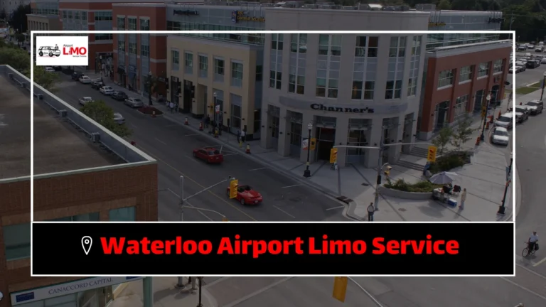 Waterloo Airport Limo Service - A view of the city with a prominent street featuring cars and buildings, with the Waterloo Airport Limo Service logo and text displayed at the bottom.