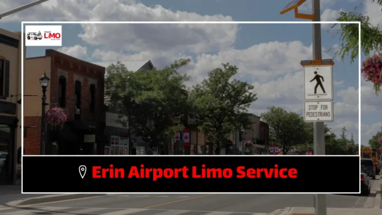 A vibrant street scene in Erin, featuring buildings with flags, trees lining the sidewalk, and a pedestrian crossing sign. The sky is clear with some clouds, and the image includes a logo at the top left and a text overlay at the bottom that reads "Erin Airport Limo Service."