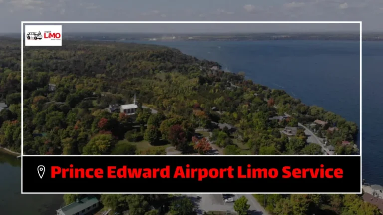 The image shows a scenic aerial view of a lakeside area with trees, buildings, and roads. The text "Prince Edward Airport Limo Service" is prominently displayed at the bottom in a red font, with a logo on the top left featuring a car symbol. The image highlights the location, possibly associated with an airport limo service in the Prince Edward area.