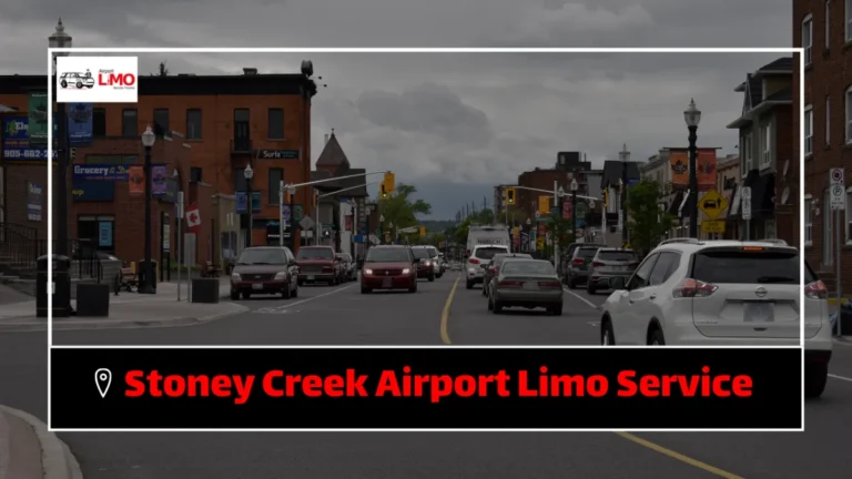 A busy street in Stoney Creek, featuring a mix of cars and shops with signs, lampposts, and a cloudy sky in the background. The image also includes a logo at the top left and a text overlay at the bottom that reads "Stoney Creek Airport Limo Service."