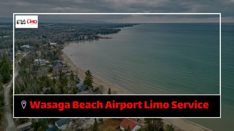 The image shows a scenic aerial view of Wasaga Beach, Ontario, with a stretch of coastline along the blue water. In the foreground, residential houses are visible, nestled among trees, with a cloudy sky above. The image is framed with the text "Wasaga Beach Airport Limo Service" in bold red and black at the bottom.