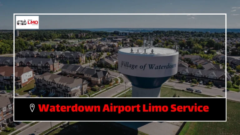 An aerial view of Waterdown, featuring the 'Village of Waterdown' water tower. At the bottom, a text box reads 'Waterdown Airport Limo Service' in bold red letters, representing the Airport Limo Service Toronto business.